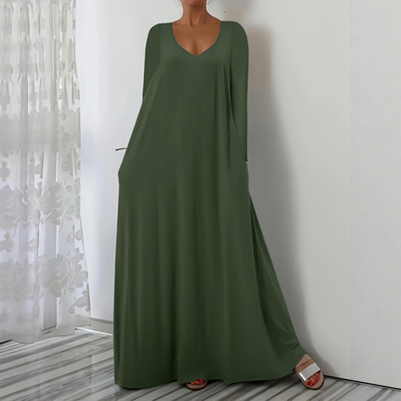 

Women s Fashionable Solid Color V Neck Long Sleeved Casual Loose Fitting Pullover Long Dress M