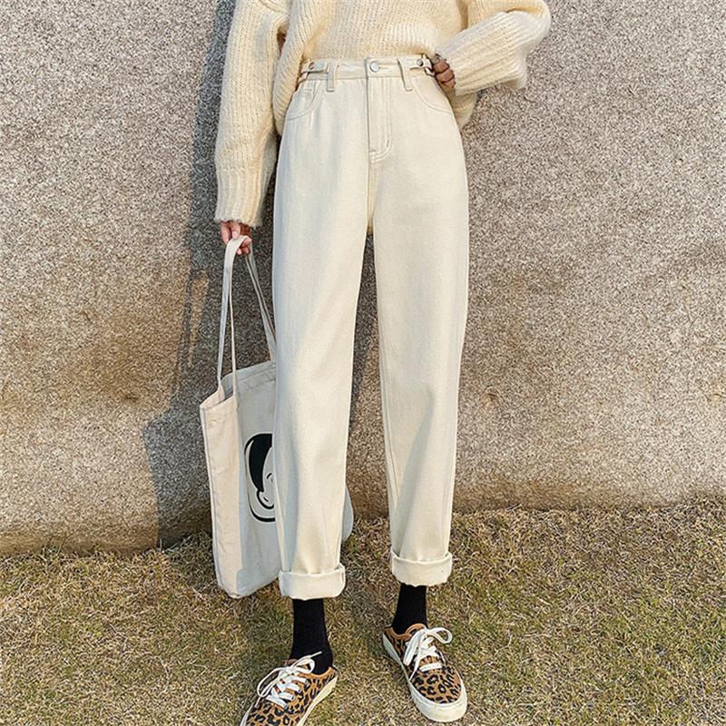 2022 Winter Korean stytle Fashion Warm Womens High Waist Casual Comfort Warm Jeans Loose Denim Harajuku Streetwear straight Pant