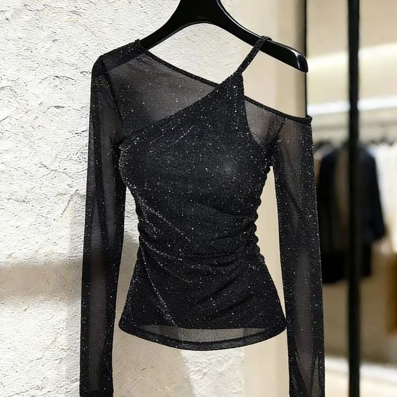 Spring Summer Fake Two-piece Bling Sequin Tops Women Long Sleeve Off Shoulder T-Shirt Ladies Sexy Mesh Top  Basic Blouses XS чёрный
