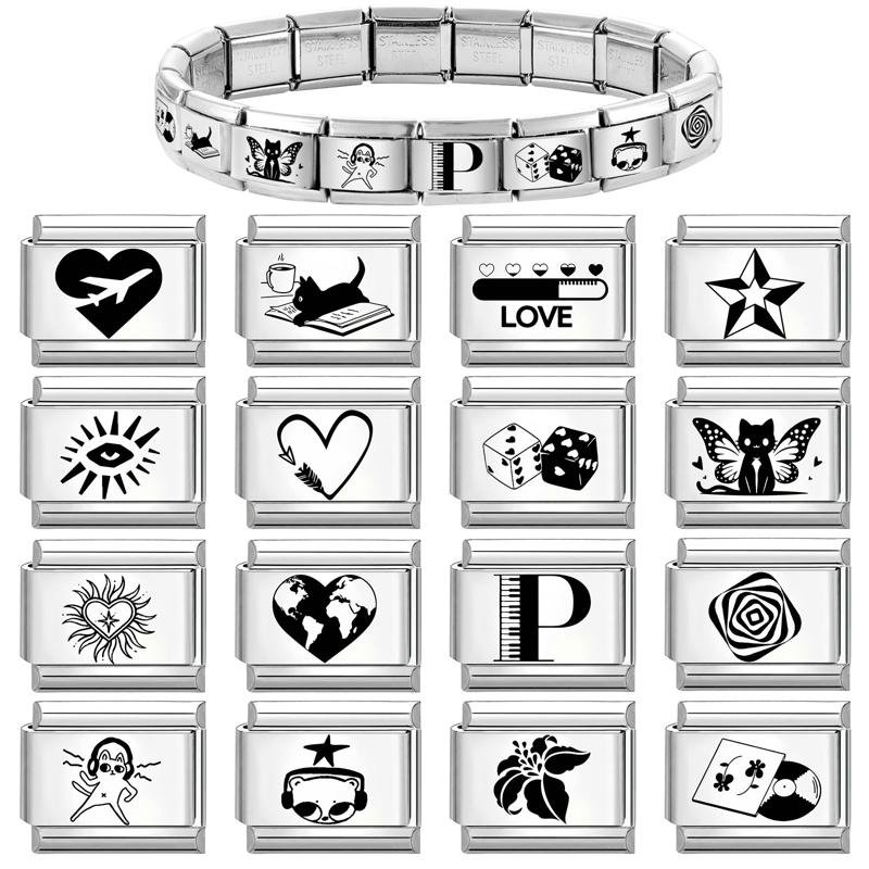 New Y2K Laser Engraving DIY Black Italian Charm Bracelet Personalized Cat Butterfly Star Heart Beads 9MM Stainless Steel Jewelry