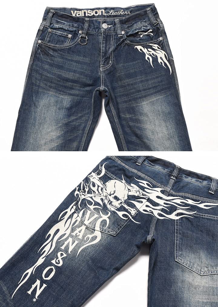 Vanson Crossbone Skull Fire Fully Distressed Denim Jeans, & Pattern, Embroidered, Pants, SP-B-26 (Size 32, Indigo)