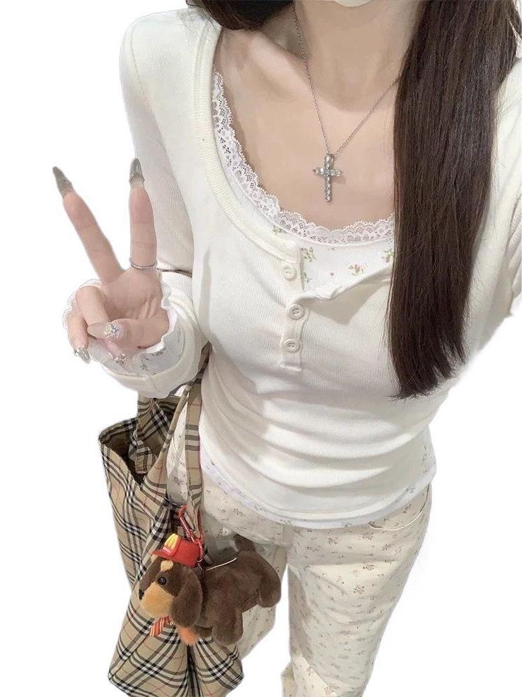 Nueva Moda Mujer Ajustado Encaje Floral Patchwork Manga Larga Camiseta