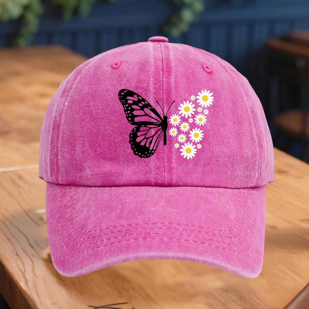 Ladies' adjustable baseball cap with butterfly and daisy floral print, soft, breathable, fashionable and casual headwear to wear