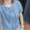 Chemise d'été pour femme, design fin, style chinois, manches courtes, couleur unie, blouse ample