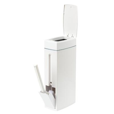 Bathroom Trash Can with Toilet Brush Holder Press-type Plastic Garbage Can Slim Rectangular Trash Bin for Toilet Kitchen