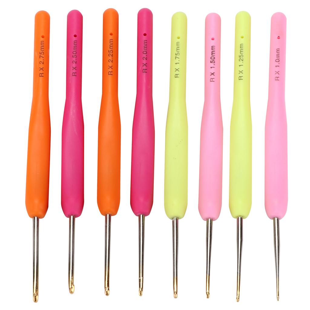 8 Stück Häkelnadeln, 1 mm bis 2,75 mm, bunter Kunststoffgriff, feine Häkelnadeln für Strickanfänger