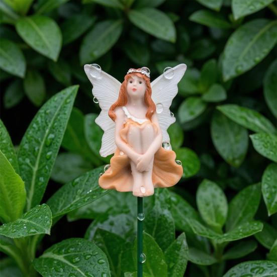 4 Pcs Fairy Garden Stake, Outdoor Resin Angel Figurine with Delicate Wings & Colorful Dress, Rust-Proof Metal Stake for Plant Pots,