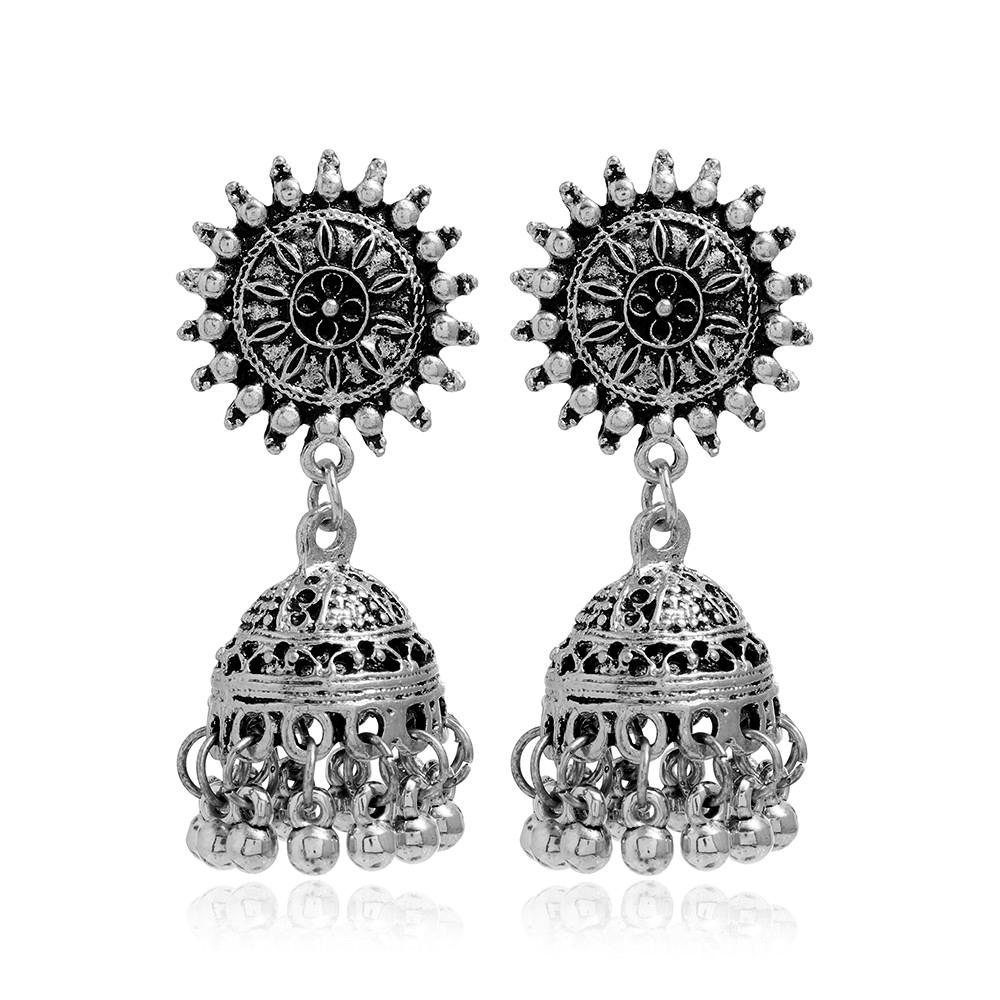 Indian Ethnic Style Boho Vintage Antique Alloy Carved Bell Tassels Drop Earrings Jhumki Jewelry For Women Party Accessories
