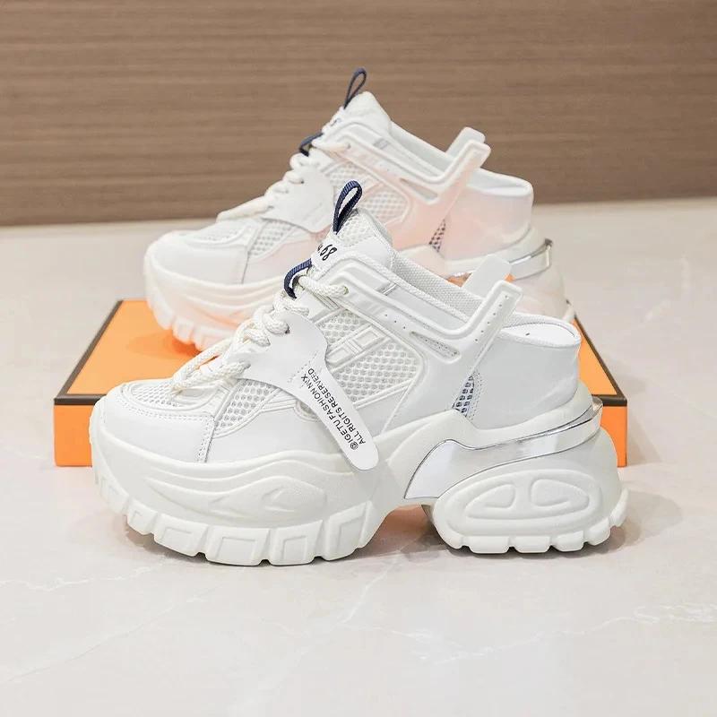 

Модные 10,5 см сетчатые дышащие тапочки из натуральной кожи на толстой платформе с клиновидной подошвой, удобные летние туфли 34 белый