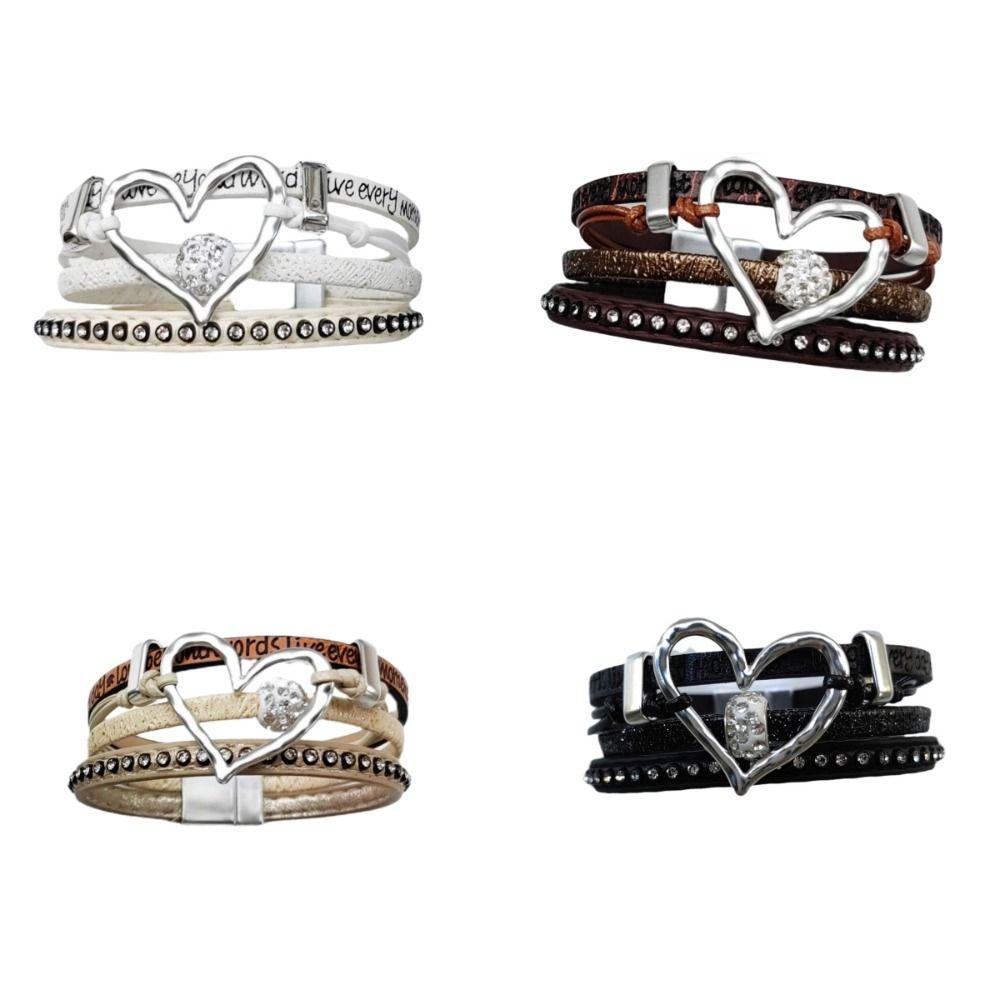 Multilayer Rhinestone Leather Bracelet Gothic Three Layers Bracelet Fashion Heart Bracelet  Female