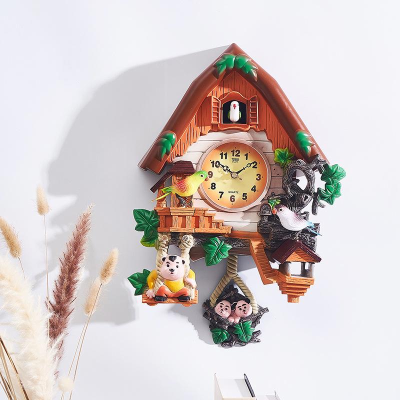Decorative Cuckoo Wall Clock Hourly Time Living Room Clock Voice-controlled Children's Clock European-style Cuckoo Clock