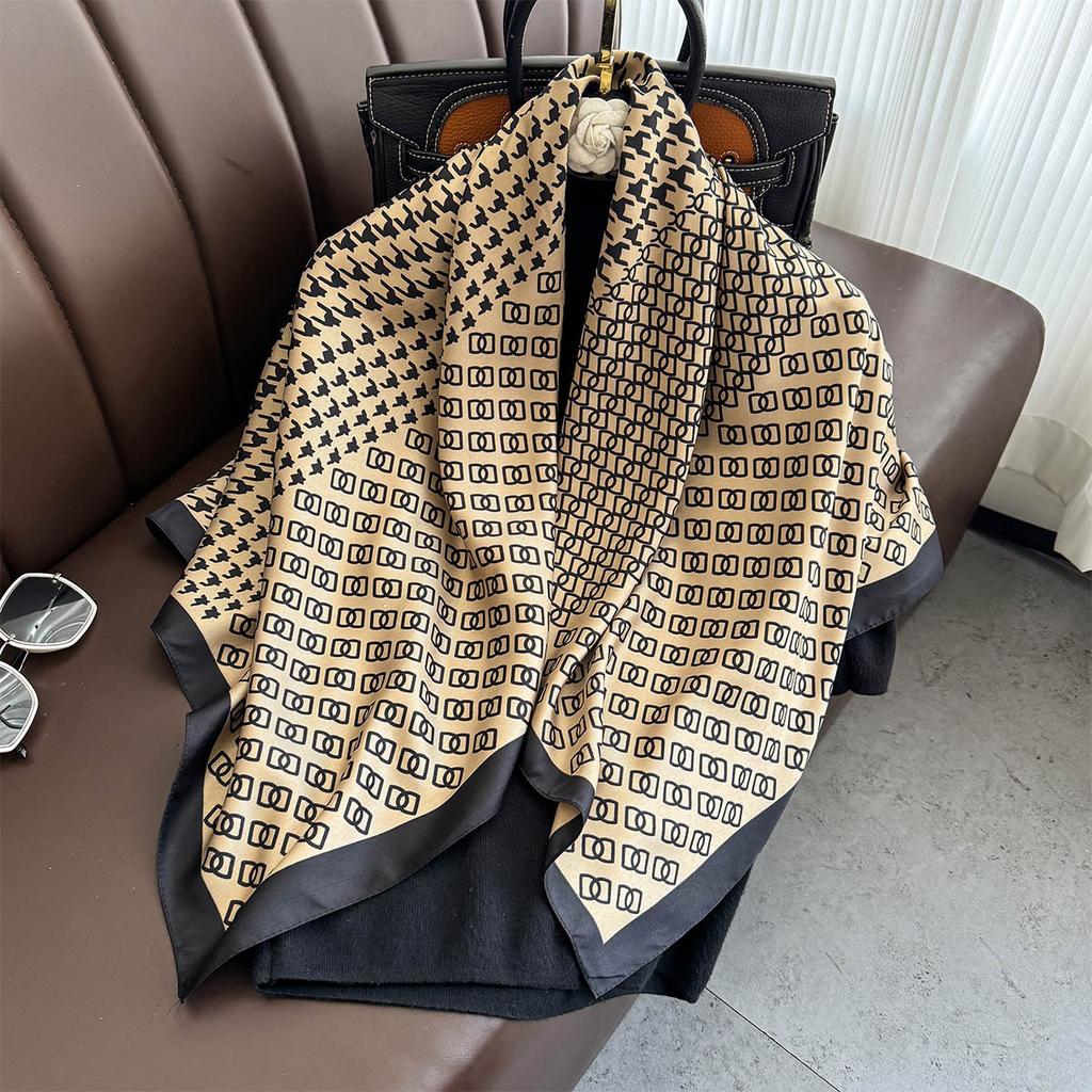 Classic Thousand Birds Grid Printed Silk Scarf 91cm Twill Scarf Fashion Versatile Double D Large Square Scarf Sunscreen Shawl Headscarf