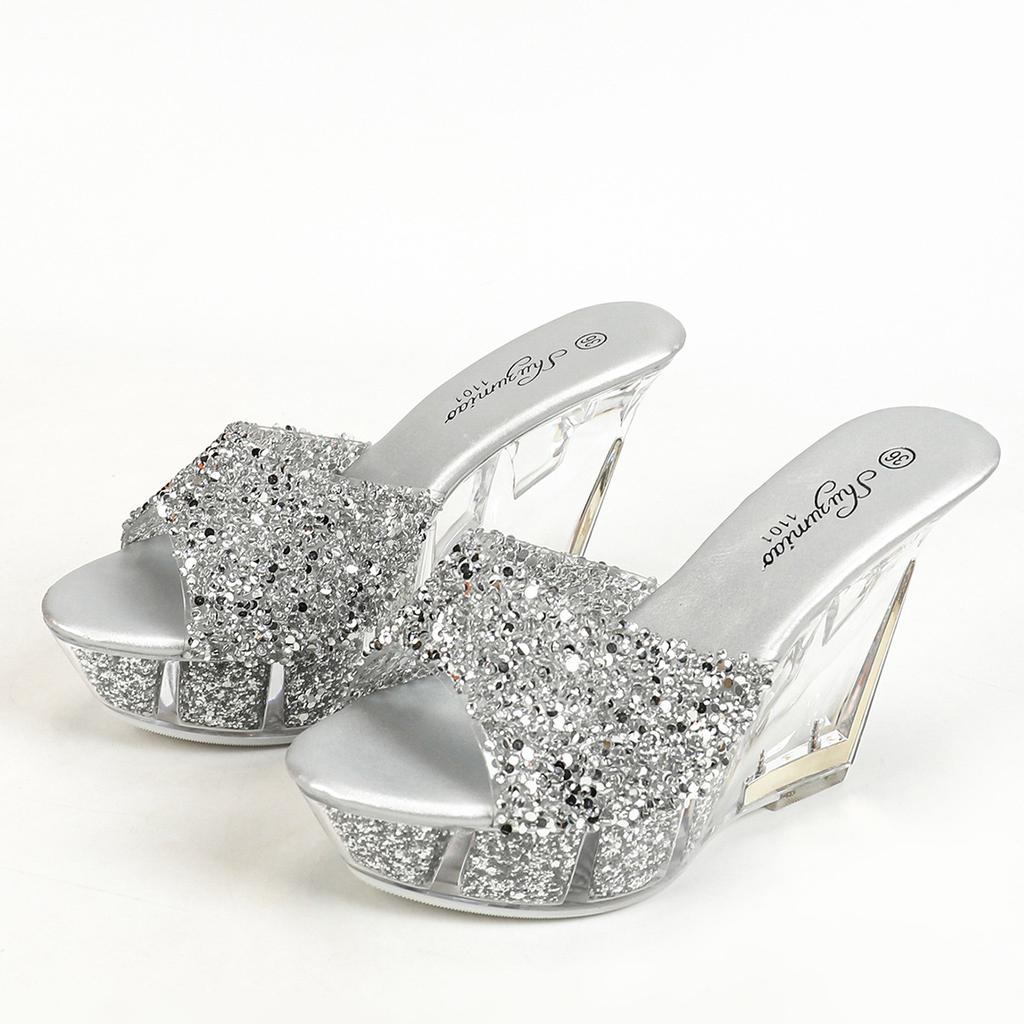 Slope Heel 11CM Nightclub High Heels Trendy Women's Shoes Hotel Nightclub Transparent Crystal Banquet Crystal Bottom