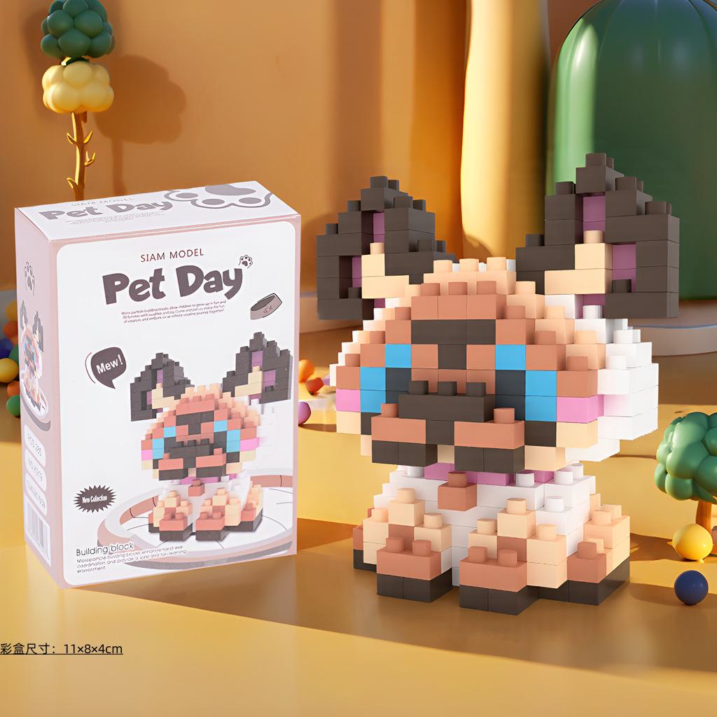 with box Pet cats building block cartoon cute doll puzzle assembly children's toy DIY table ornaments boys girls birthday gifts