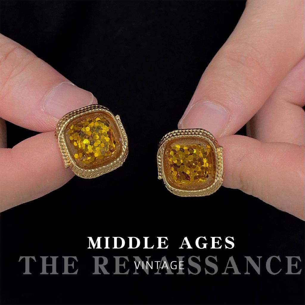 Medieval retro court style geometric square gold stud earrings 925 silver needle plated French earrings earrings