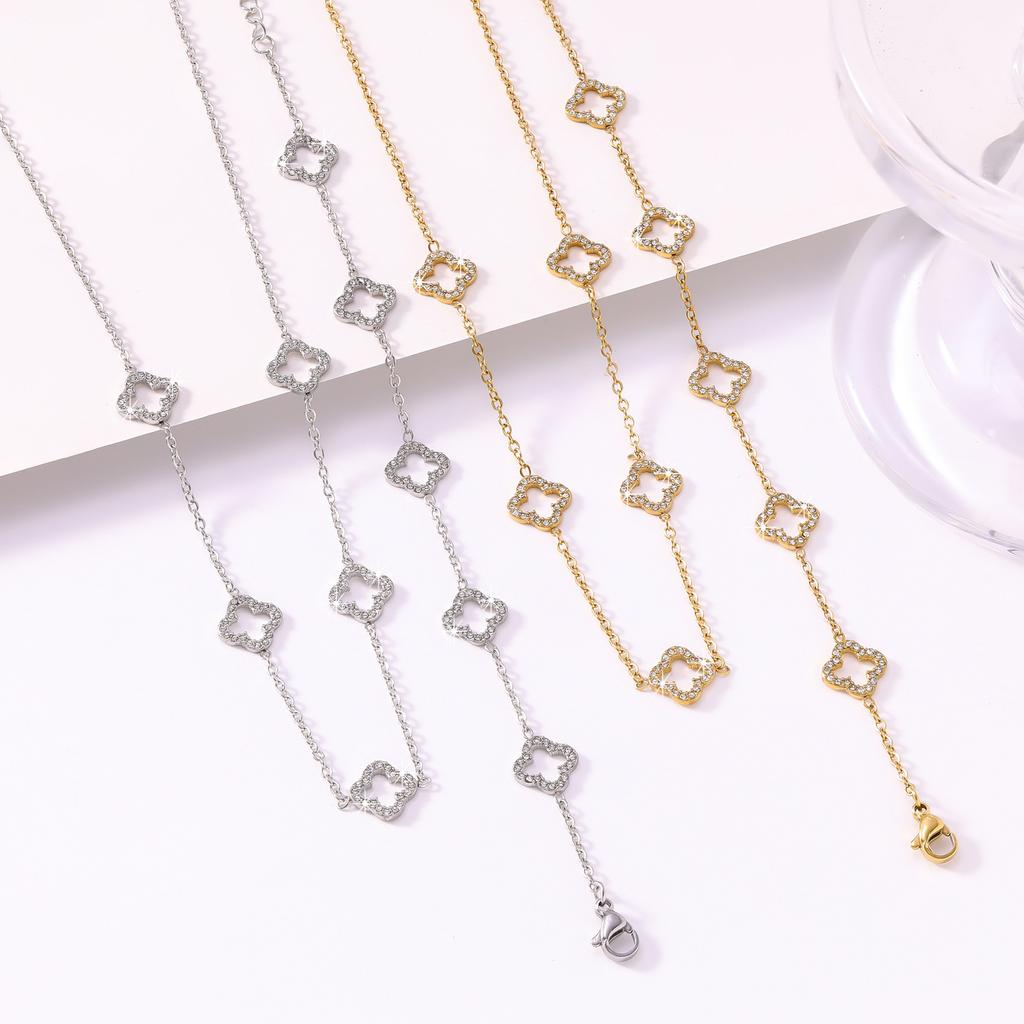 2PCS hollowed out clover long collarbone chain necklace, women's minimalist clover bracelet
