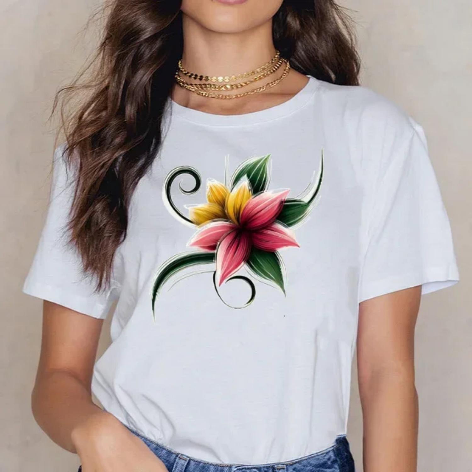 White Printed Short Sleeve Crew Neck T-Shirt Hot Sale Of The Season Model Woman Fashionable Shrimp Skin Design Cross-Border EBay S