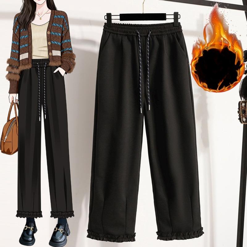 

DIMANAF 2025 Осень Зима Женские Брюки Большого Размера Толстый Флис Повседневные Женские Оверсайз Свободные Брюки Длинные Брюки 5XL чёрный