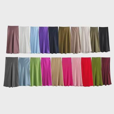 "2024 Spring/Summer Satin Textured High Waist Skirt for Women - European & American Style, Solid Color, Long Length"