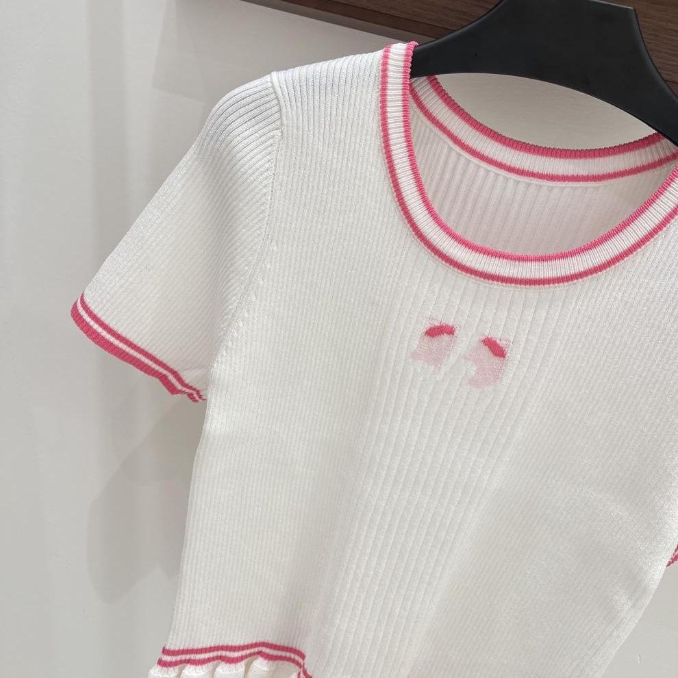 European Style Pink Ruffle Hem Knit Short Sleeve Casual Fashion Top