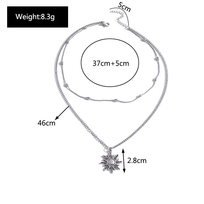 Vintage Silver Color Sun Pendants Necklaces for Women Korean Simple Style Multi-Layer Beads Chain Necklace Fashion Party Jewelry