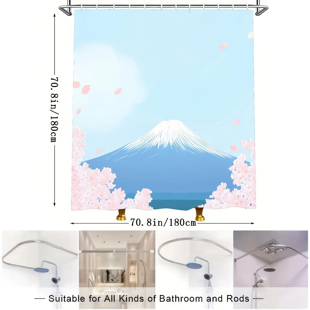 1 Piece Sakura And Mount Fuji Print Shower Curtain - Soft Polyester, Machine Washable, Suitable For All Seasons, With Hooks