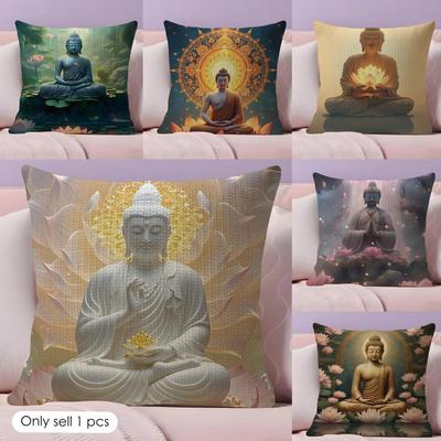 Buddha Statue And Lotus Cushion Cover Natural Linen Pillow Case Double-Sided Print Decorative Sofa Pillowcase Home Decor Gift
