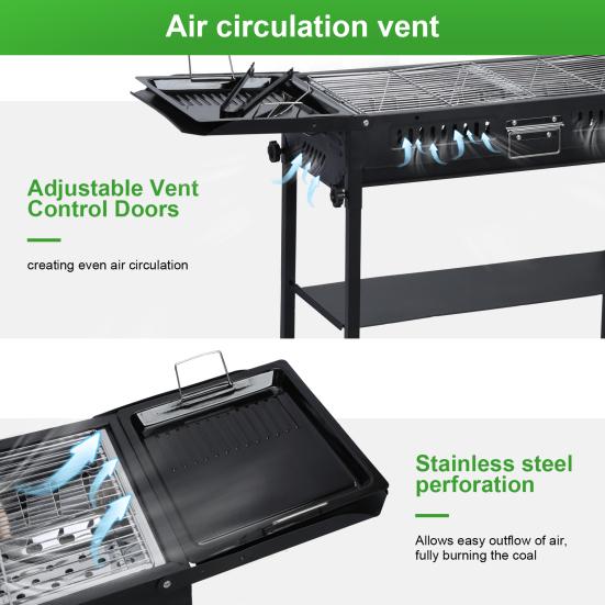 Langer Grill Holzkohle Großer BBQ Grill Klappbare Seitenablage Camping Grill für Garten Hinterhof Party Picknick Kochen (47.28x25.61x25.61 Zoll)