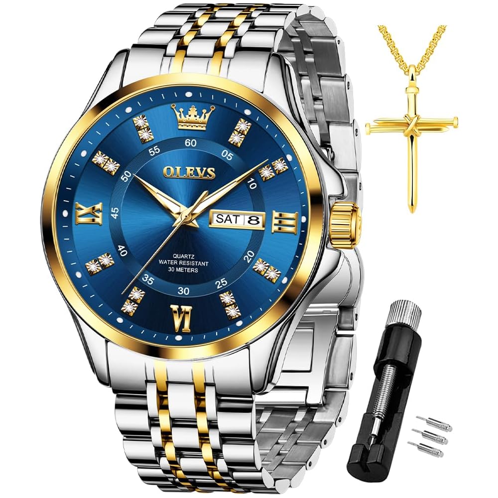 OLEVS Men's Diamond Watch Business Dress Watch Waterproof Luminous Golden Big Dial Quartz Analog with Date Calendar and Stainless Steel Band