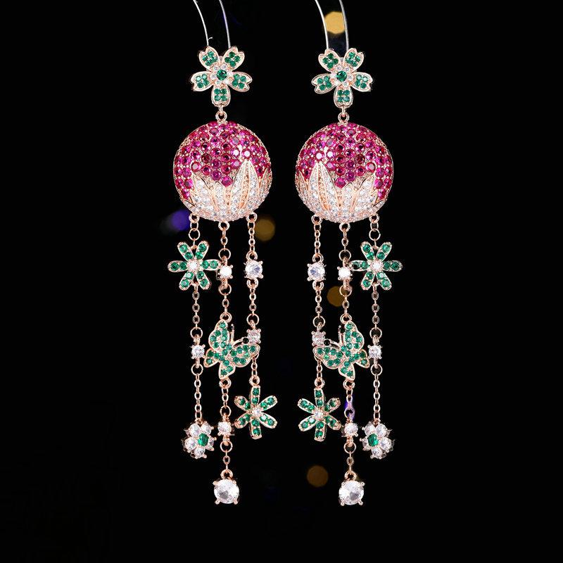 Women's Light Luxury Design Elegant Pomegranate Flower Tassel Earrings Fashionable And Versatile, Niche Design Earrings