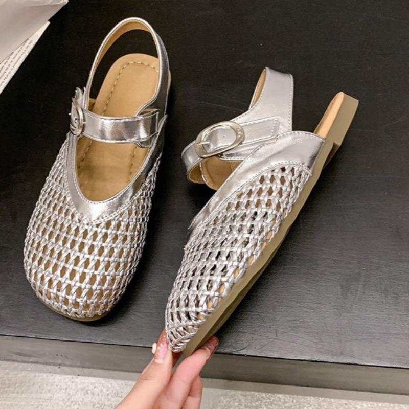 Fashion Round Toe Shallow Mouth Cutout Roman Sandals Women's Summer Mesh Outside Wear Soft Sole Non-slip Woven Flats