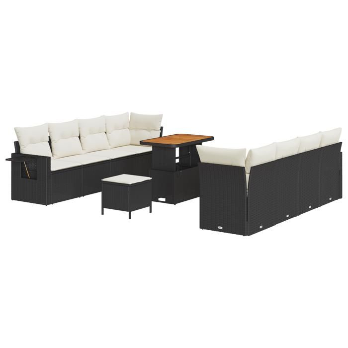 VidaXL Ensemble de Canapé de Jardin de 11 Pièces avec Coussins Noir Poly Rattan Acacia 3361720