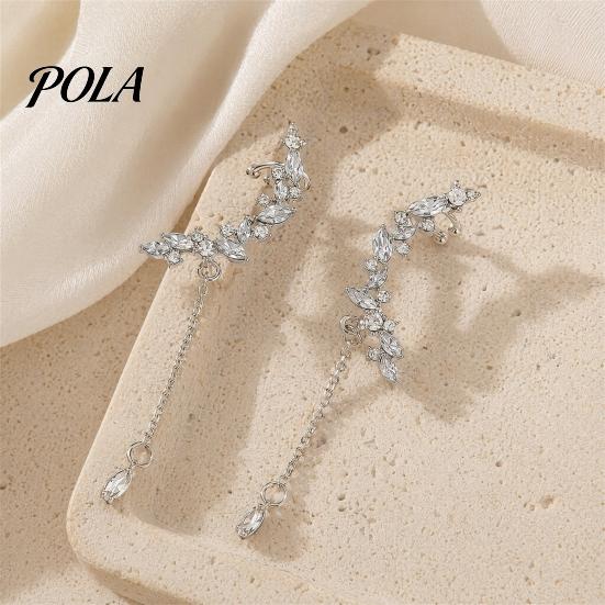 1 Pair Boho Rhinestone Leaf Ear Cuff Earrings, Sparkly Long Tassel Chain Dangle Earrings, Wedding Party Jewelry for Women