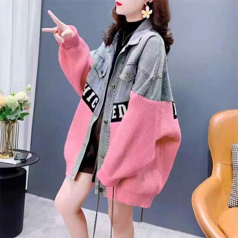 Autumn and winter new splicing denim design knitted cardigan loose medium and long sweater jacket women