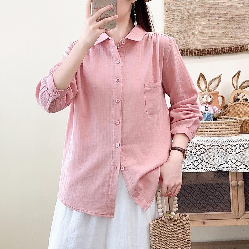 Spring and Autumn New Double-layer Cotton Yarn Pure Cotton Shirt Women's Japanese Literary and Art Style Loose Casual Skinny Versatile Shirt Top
