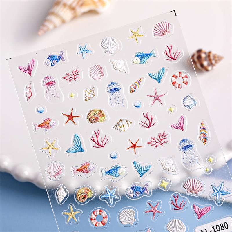 1 Foaie Autocolante Ocean pentru Artă pe Unghii Vară Stea de Mare Meduză Scoică Decal pentru Unghii Decorațiune În Relief Materiale Artă pe Unghii Manichiură Salon