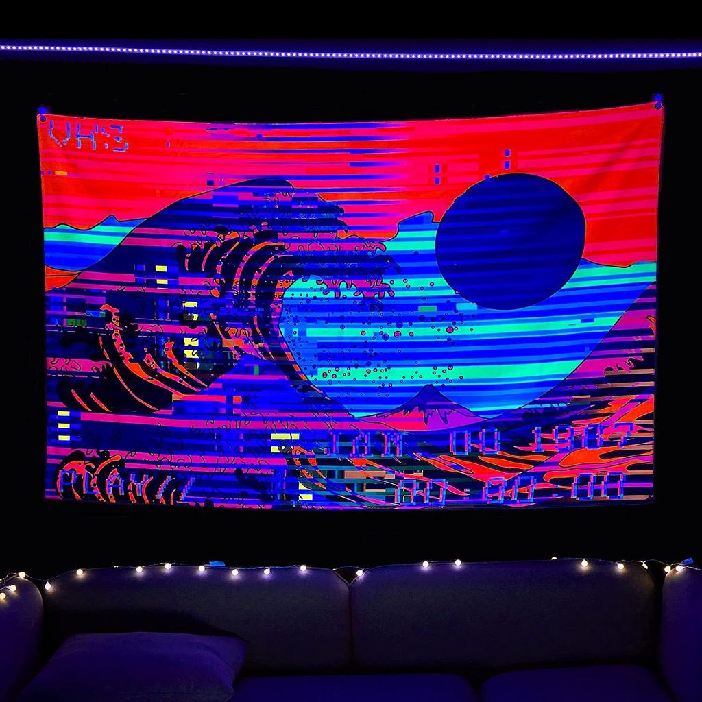 Trippy Mushroom Forest Blacklight Tapestry 2D Flat Printed UV Reactive Peach Skin Fluorescent Wall Hanging Bedroom Room Decor