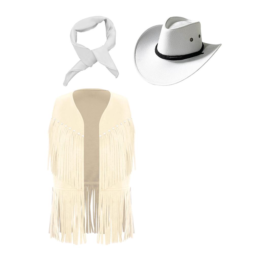 Unisex Kinder Cowgirl Kostüm Offene Weste Brustnieten Quasten Fransen Saum Weste Filz Cowboyhut Quadratisches Halstuch Set