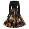 Women Vintage Halloween Print Long Sleeve Crew Neck Dress with Belt Retro Casual Fit and Flare Midi Dress for Holiday Party