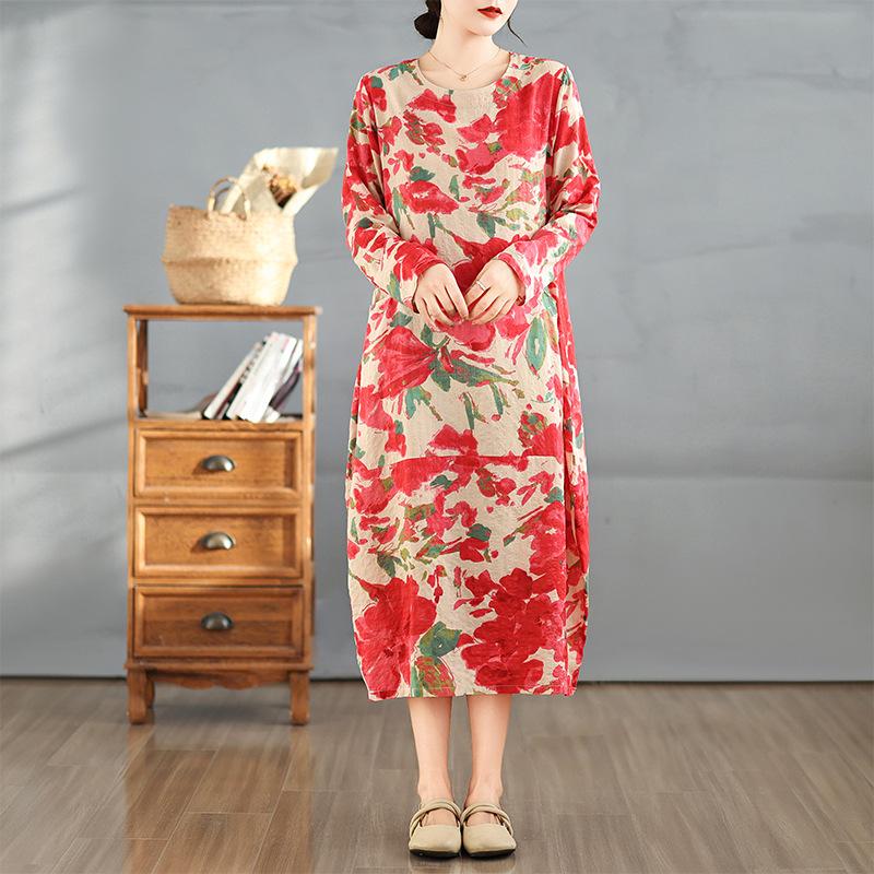 Early Spring Vintage Round Neck Long Sleeved Patchwork Artistic Loose Fit Plus Mid Length Dress