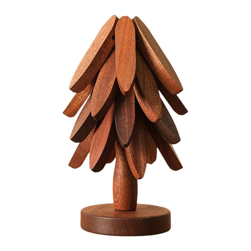 4pcs Christmas Tree Coaster Set Anti-scald Walnut Wood Tree Trivet Set Tree-shaped Foldable Kitchen Wooden Trivet for Desk Decor