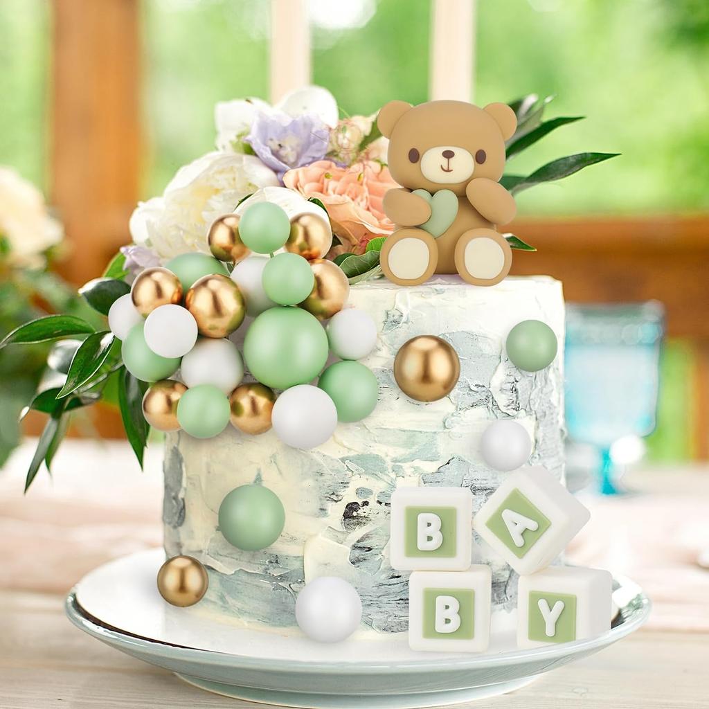 Ball Cake Topper Bear Cake Topper Baby Shower Cake Decorations with Cute Bear Green BABY Letter Foam Balloon Birthday Party
