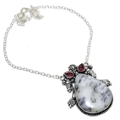 Natürlicher Dendriten-Opal, Kunzit-Edelstein, 925er Sterling-Silber-Halskette, 45,7 cm, K4E73