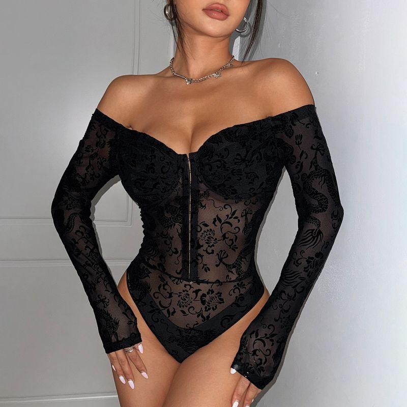 

Millennium Style Classic Dragon Pattern Breasted Sexy Cool Drag Sexy Slim Looking Close-Fitting Semi-Transparent off-Shoulder Jumpsuit Black L