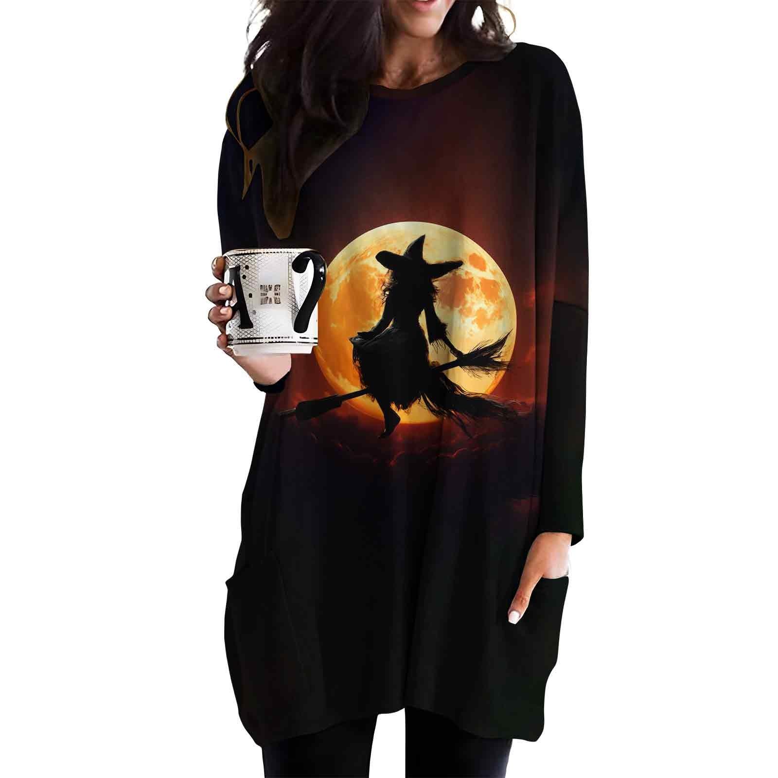 

Женский свободный повседневный топ с длинными рукавами и круглым вырезом на Хэллоуин с принтом и карманами XXL винный