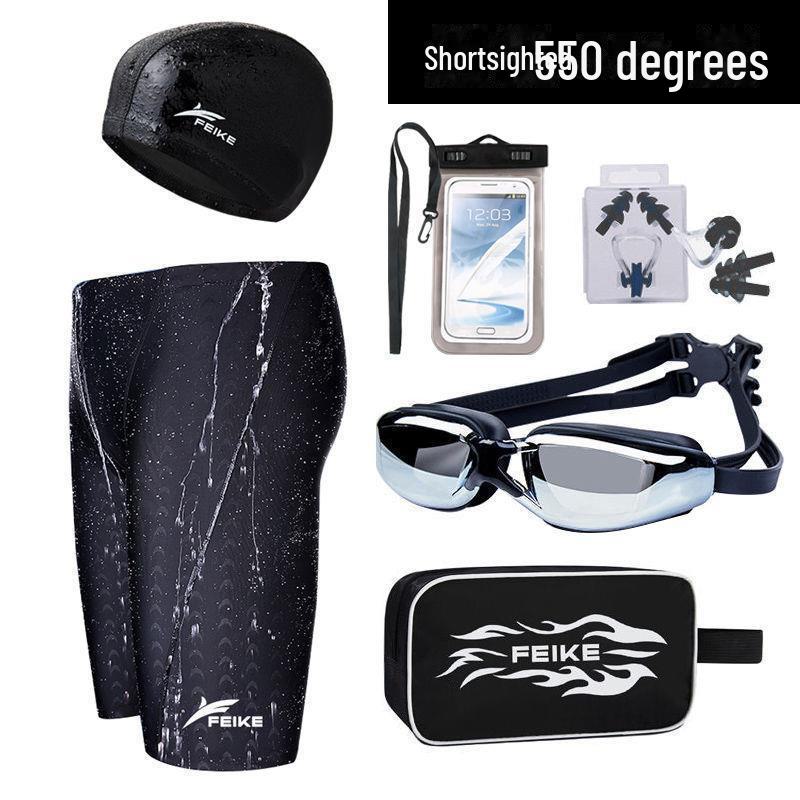 Men’s Quick-Drying Waterproof Swim Trunks with Shark Skin Cap & Goggles Set