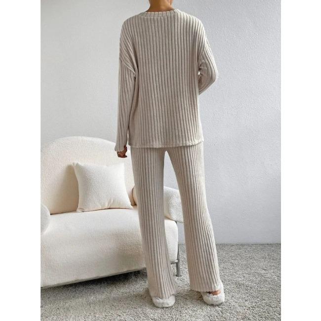 Spring Women Outfit Loose Knit Two Piece Set V Neck Top with Wide Leg Pants Casual Wear