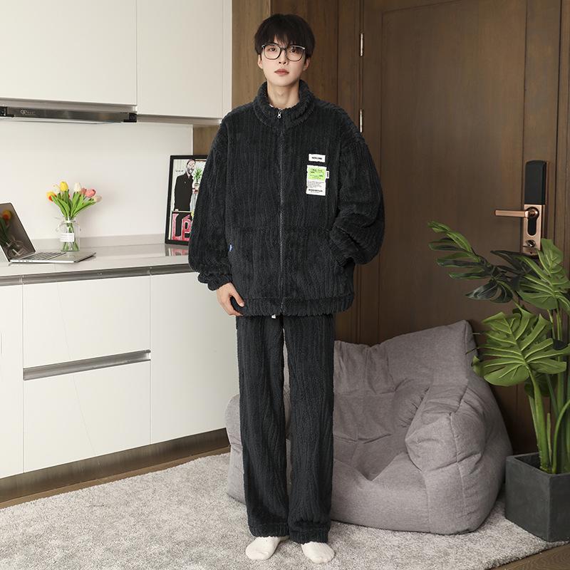 

Men s Thickened Coral Fleece Flannel Pajamas - Winter Style Home Loungewear XL чорний