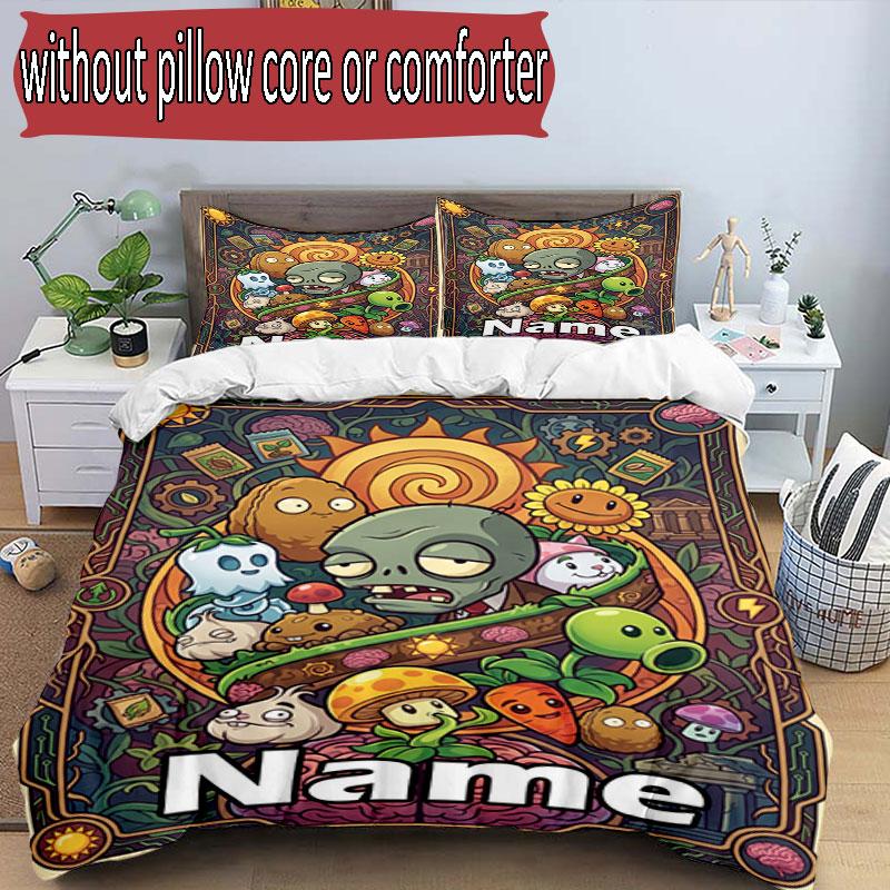 3pcs Duvet Cover Set (1*Duvet Cover + 2*Pillowcase, Without Core), Custom Name Plants VS Zombies Pattern Bedding Set, Home Bedroom Decor Gift