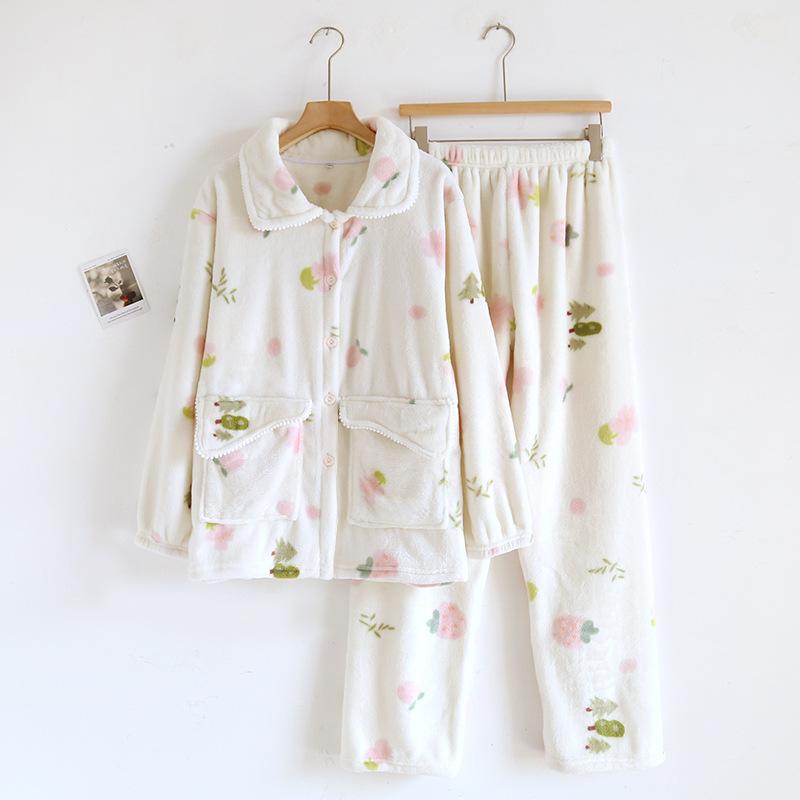 Sweet Bear Thicken Coral Velvet Pajamas Sets Women Fresh Winter Flannel Keep Warm Homewear Long-sleeved Sleepwear